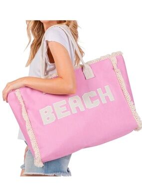 Pink Purple Cream BEACH Embroidered Letter Fringe Trim 17.5" Tote Beach Pool Bag